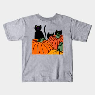 Three Black Cats in the Halloween Pumpkin Patch Kids T-Shirt